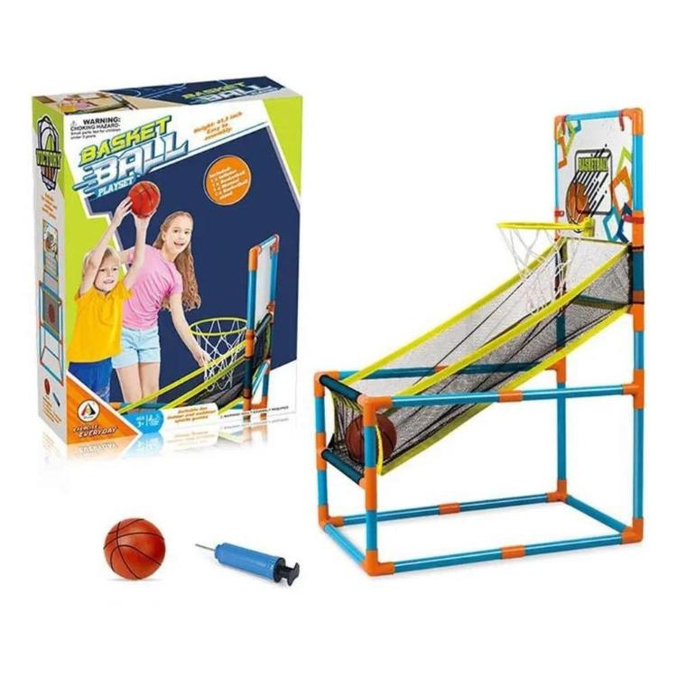 Otroški košarkarski set za igro doma, vključuje stojalo z obročem, mrežo, mini žogo in tlačilko.