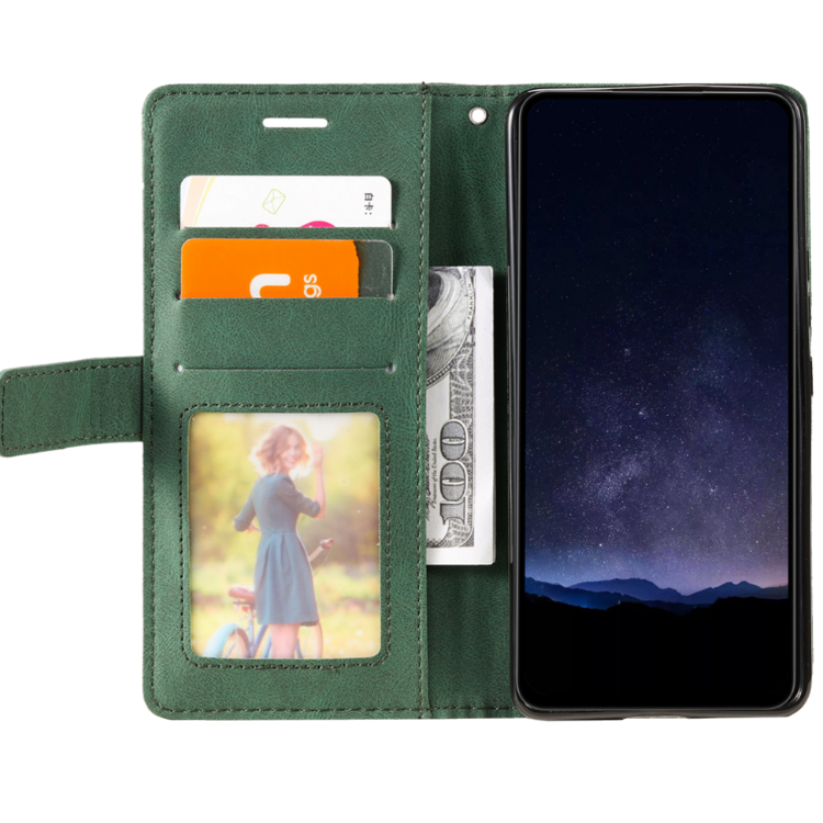 Zelena preklopna torbica WLGO Lines za Samsung Galaxy S26 FE z režami za kartice, prostorom za bankovce in prozornim žepom za fotografijo.