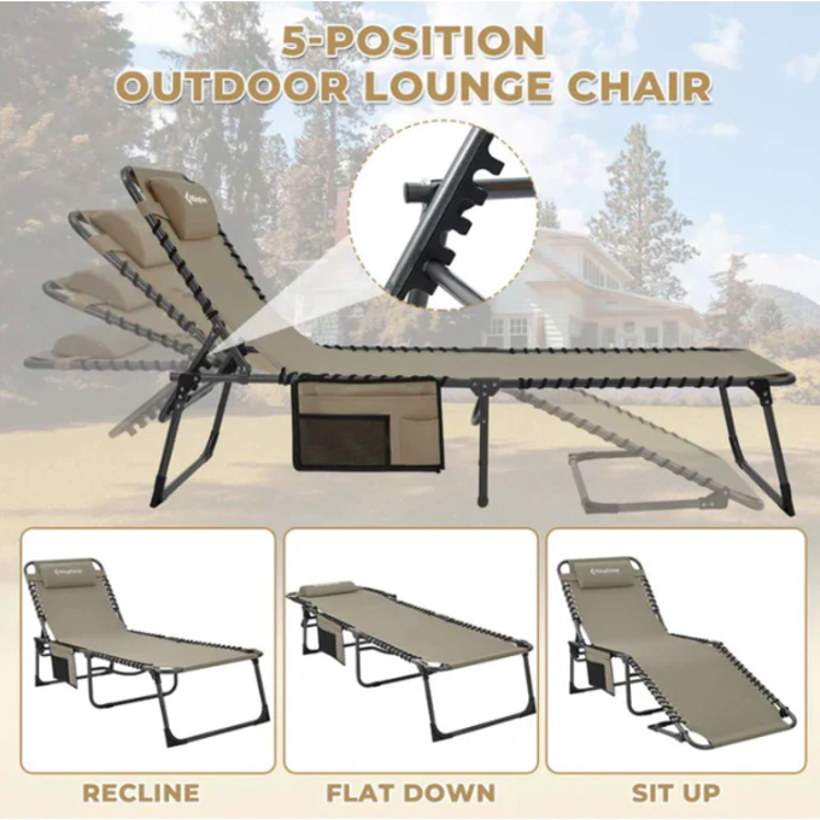 Ležalni kamping stol KingCamp s petimi nastavitvami položaja, sedenje, ležanje in vmesni položaji.