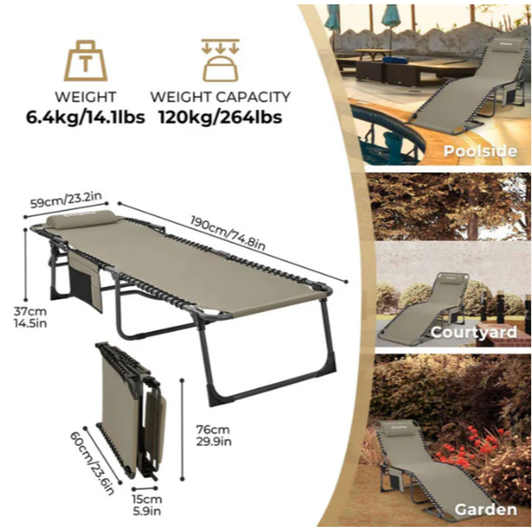 Dimenzije in nosilnost ležalnega kamping stola KingCamp, primeren za uporabo ob bazenu, na vrtu ali dvorišču.