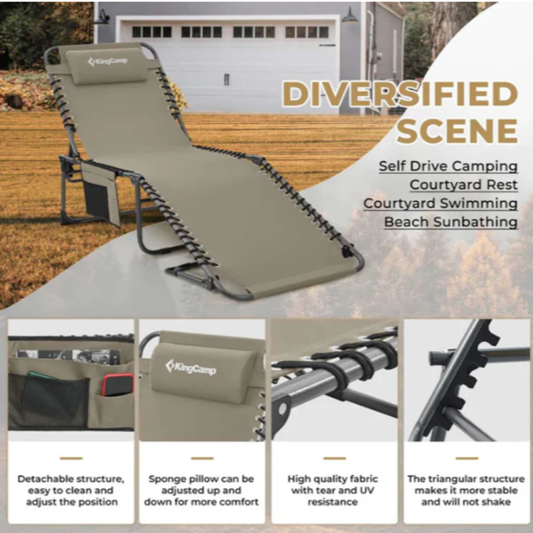 Kamping ležalnik KingCamp na prostem, prikaz uporabe za kampiranje, vrt in počitek na dvorišču.