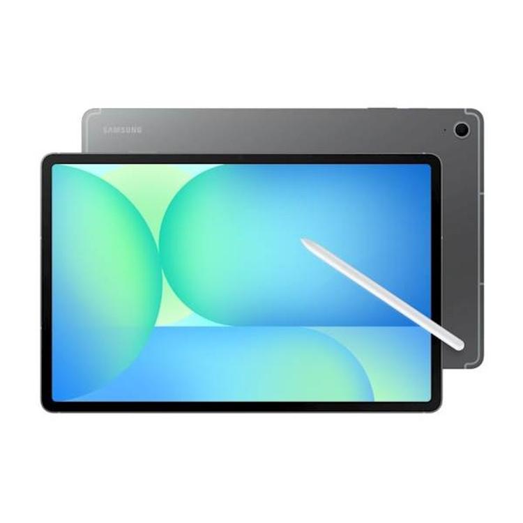 Samsung Galaxy Tab S10 FE SM-X620 v sivi barvi s pisalom S Pen, prikaz sprednje in zadnje strani.