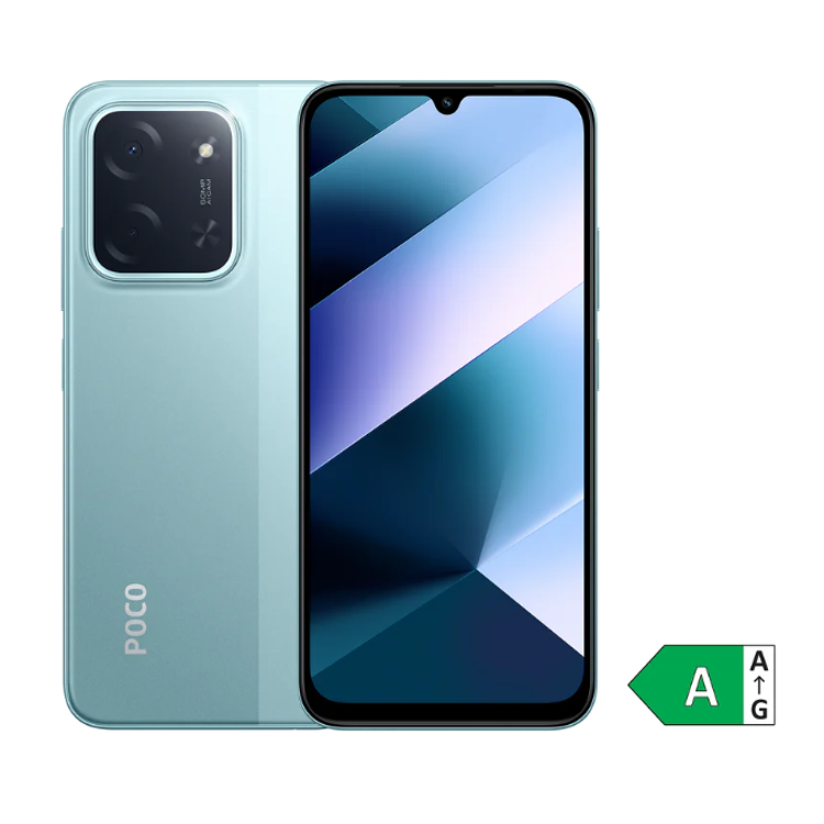 Pametni telefon Poco, barve Green, prikaz spredaj in zadaj, velik zaslon z zarezo in kvadratna zadnja kamera.