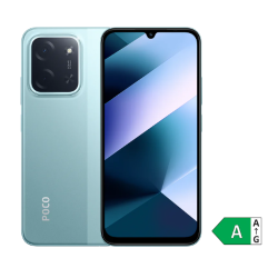 Pametni telefon Poco, barve Green, prikaz spredaj in zadaj, velik zaslon z zarezo in kvadratna zadnja kamera.