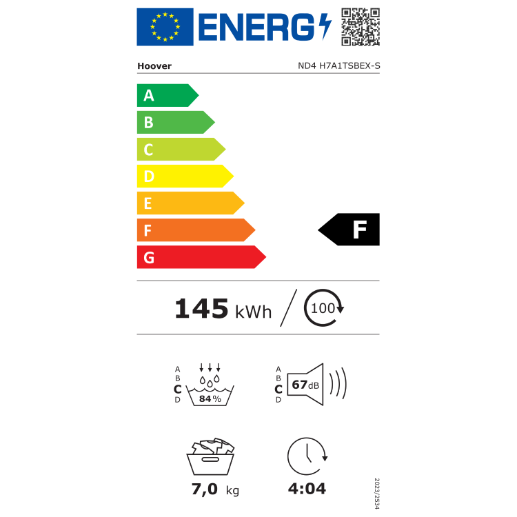 Energijska nalepka za sušilni stroj Hoover ND4 H7A1TSBEX‑S z energijskim razredom F, porabo 145 kWh na 100 ciklov, zmogljivostjo 7 kg, učinkovitostjo kondenzacije 84 %, glasnostjo 67 dB in trajanjem programa 4 h 04 min.