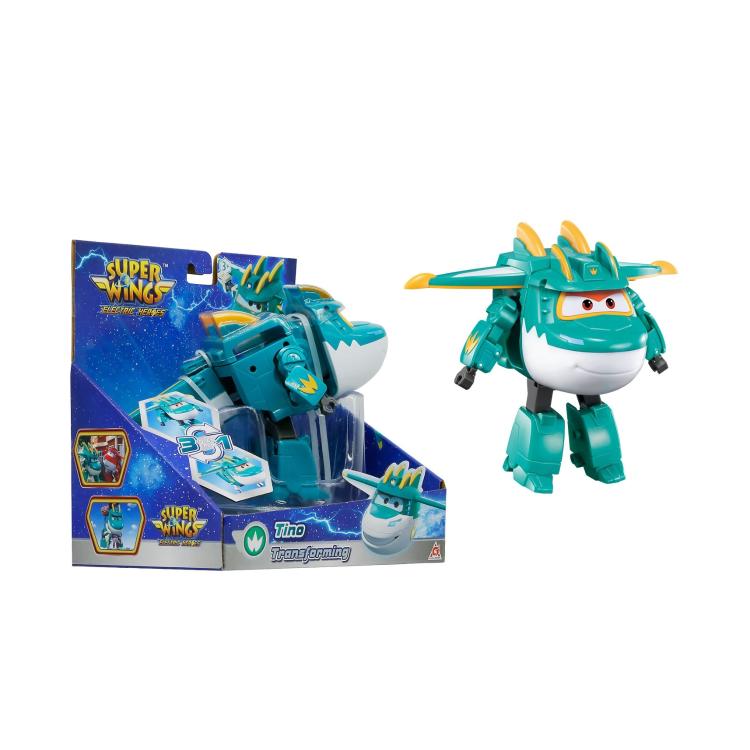 Transformirajoča figura Tino iz Super Wings Electric Heroes, ki se iz letala spremeni v robota dinozavra, primerna za otroke 3+.