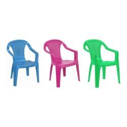 Trije plastični otroški stoli v modri, roza in zeleni barvi