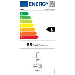 Energijska nalepka za hladilnik Candy CHASD4385EWC z energijskim razredom E, letno porabo 85 kWh, prostornino 90 L in glasnostjo 37 dB.