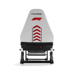 Bela Playseat F1 dirkalna sedežna školjka z rdečim logotipom F1 in puščicami, pogled od zadaj.