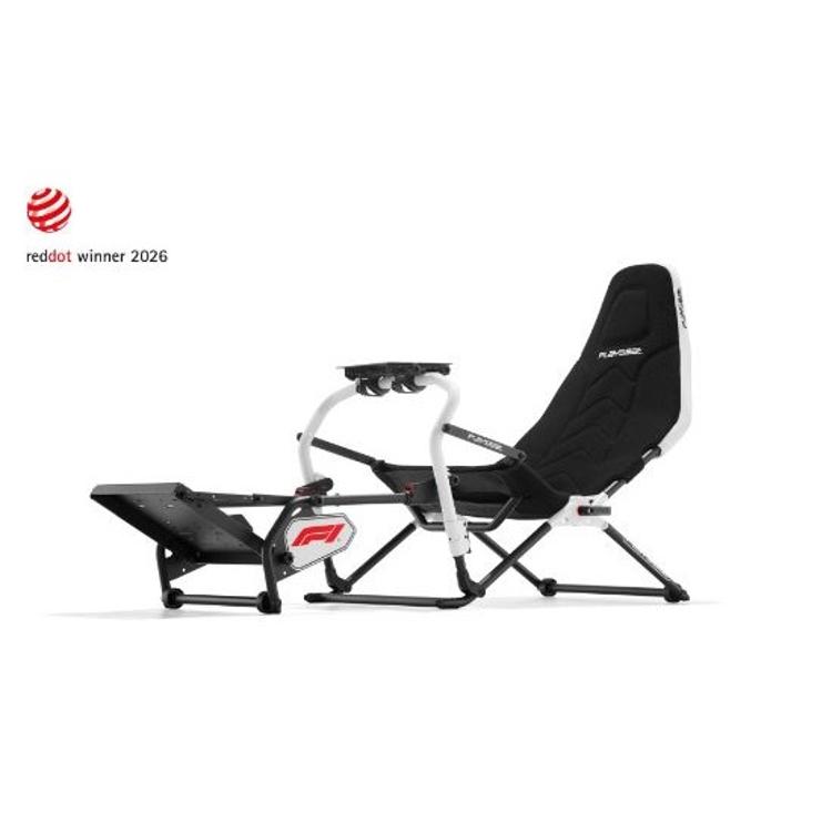Playseat Formula Intelligence F1 simulator s črnim sedežem, nosilcem volana in platformo za pedala.