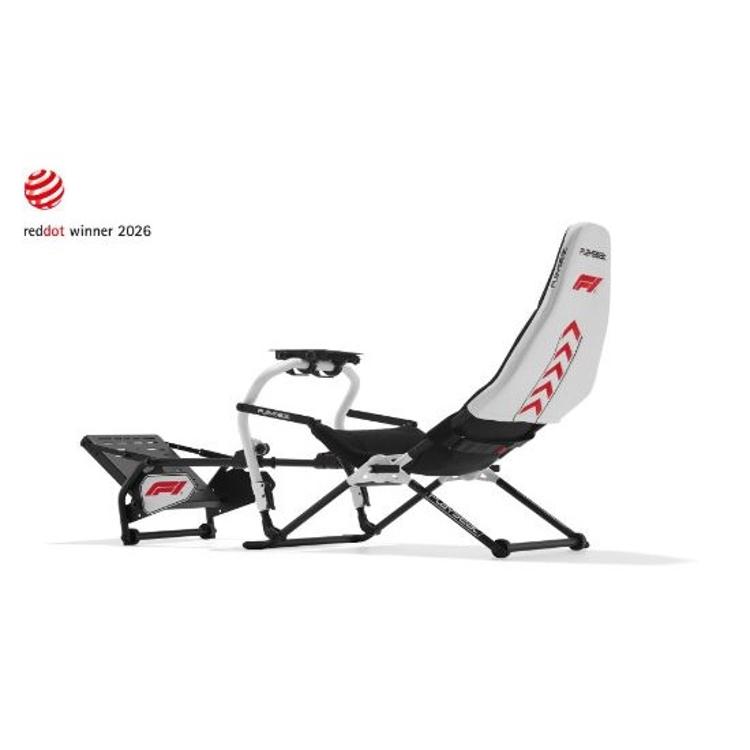 Playseat Formula Intelligence F1 v beli barvi, stranski pogled z nosilcem volana in platformo za pedala.