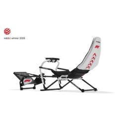 Playseat Formula Intelligence F1 v beli barvi, stranski pogled z nosilcem volana in platformo za pedala.