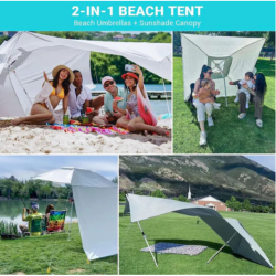 2‑v‑1 plažni šotor in senčnik z možnostjo nadstreška in stranskih sten, uporaba na plaži, travniku in ob jezeru.