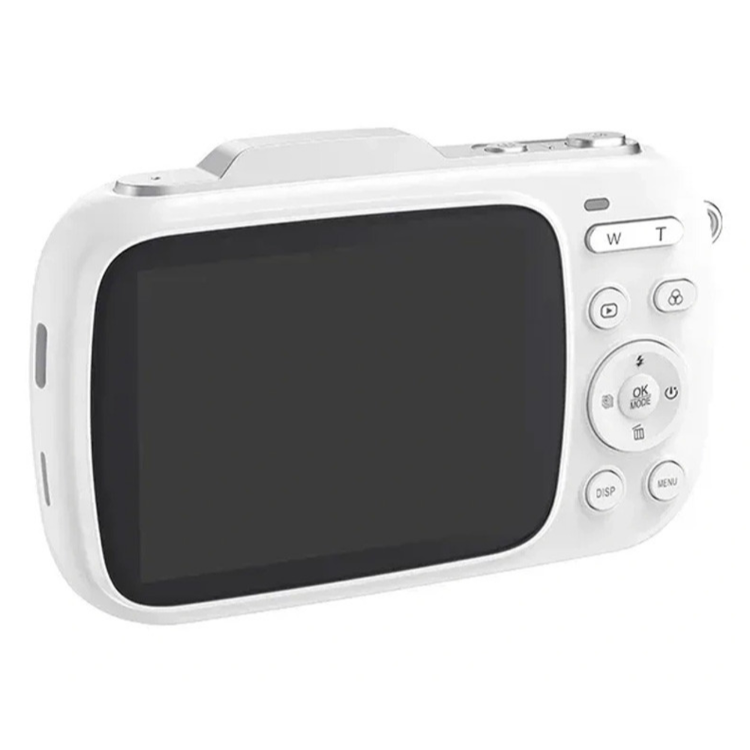 SJCAM digitalni fotoaparat v beli barvi, prikazan z zadnje strani z velikim zaslonom in gumbi za upravljanje funkcij fotoaparata.