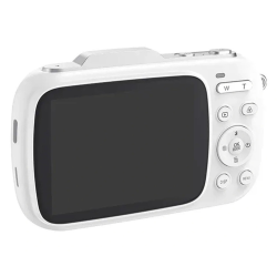 SJCAM digitalni fotoaparat v beli barvi, prikazan z zadnje strani z velikim zaslonom in gumbi za upravljanje funkcij fotoaparata.