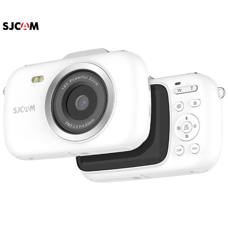 SJCAM digitalni fotoaparat v beli barvi, prikazan s sprednje in zadnje strani z velikim zaslonom, bliskavico ter 18-kratnim digitalnim zoomom.
