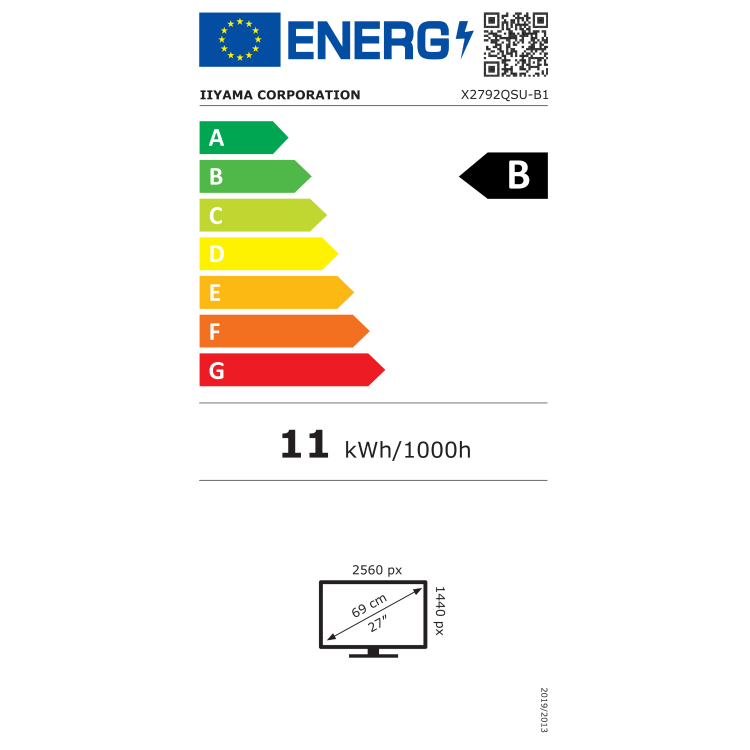 Energijska nalepka iiyama ProLite X2792QSU‑B1, razred B, poraba 11 kWh/1000h, ločljivost 2560×1440, diagonala 27".