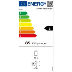 Energijska nalepka za hladilnik Beko RS9051PN z energijskim razredom E, letno porabo 85 kWh, prostornino 90 L in glasnostjo 39 dB
