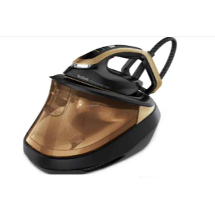 Parna postaja za likanje Tefal v črno-zlati barvi, pogled s strani z vidnim rezervoarjem in ročajem likalnika.