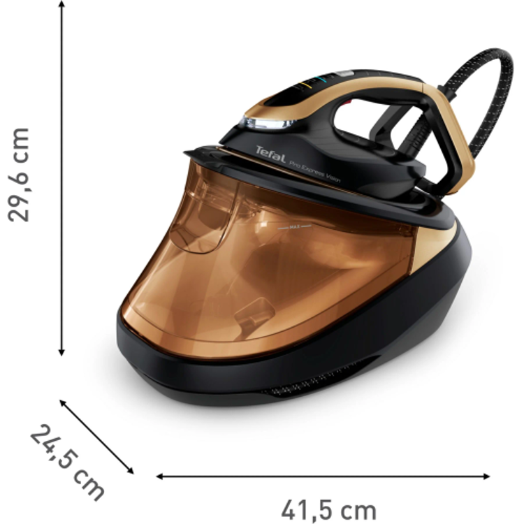 Parna postaja za likanje Tefal v črno-zlati barvi z označenimi dimenzijami 41,5 × 24,5 × 29,6 cm.