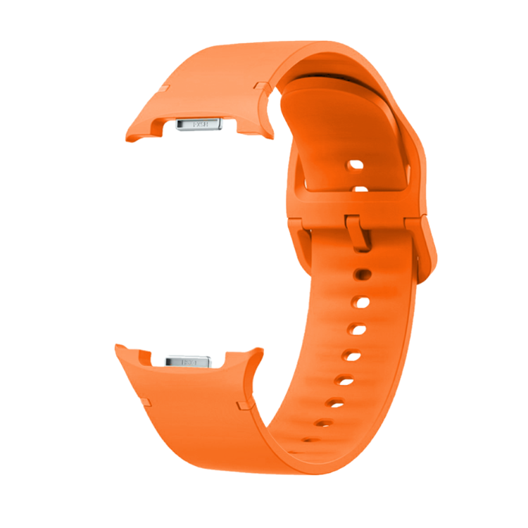 Pašček Samsung Galaxy Watch v oranžni barvi, notranji pogled z gladko površino in kovinskimi priključki.