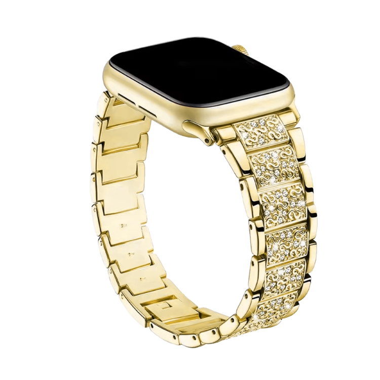 Ura Apple Watch z zlatim kovinskim paščkom z bleščečimi kamni, eleganten in prestižen videz.