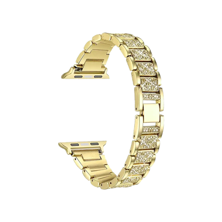 Zlat kovinski pašček Apple za Apple Watch, členkasta zapestnica z dekorativnimi kamni in kovinsko zaponko.