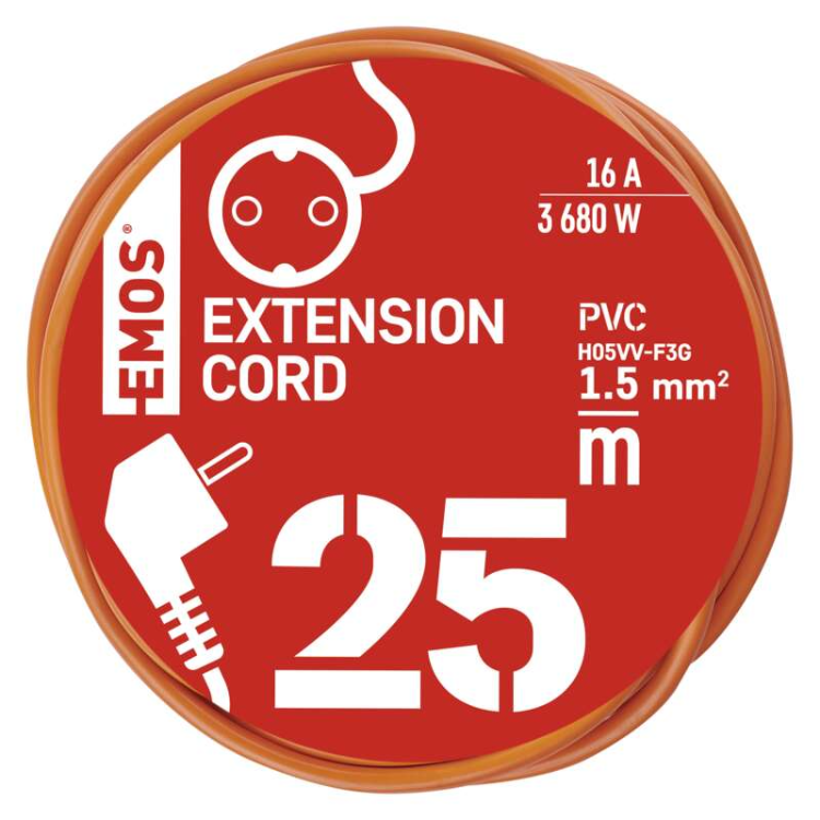 Podaljšek Emos 25 m / 1 vtičnica / oranžni / PVC / 250 V / 1,5 mm2