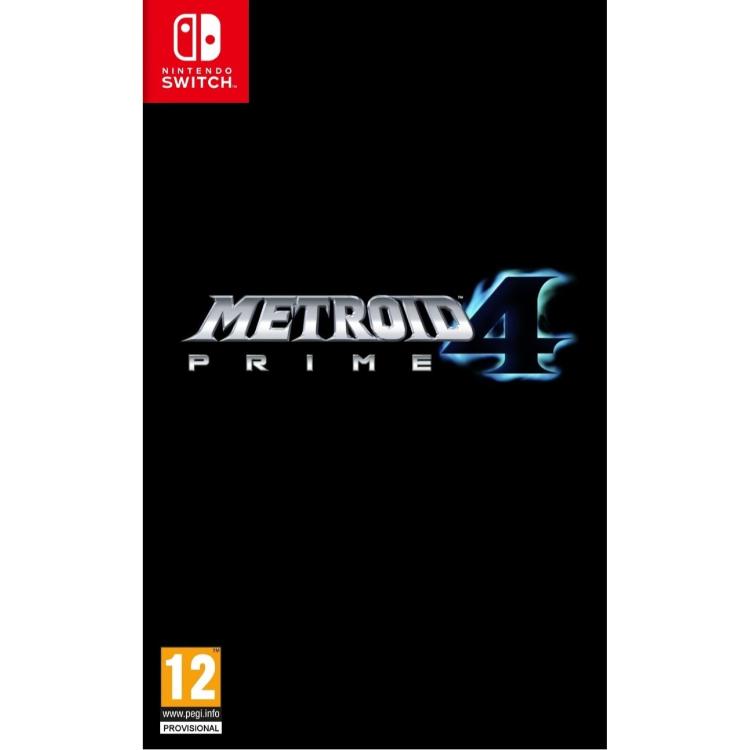 Igra Metroid Prime 4 za Nintendo Switch v fizični embalaži, z logotipom igre na črnem ozadju in oznako PEGI 12.