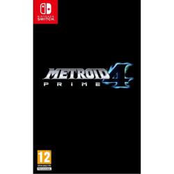 Igra Metroid Prime 4 za Nintendo Switch v fizični embalaži, z logotipom igre na črnem ozadju in oznako PEGI 12.