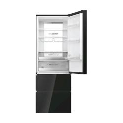 Prazna notranjost hladilnika Haier HTW7720DNGB s tehnologijo Total No Frost, steklenimi policami, kovinskim nosilcem za steklenice, predaloma Humidity Zone in My Zone ter policami na vratih