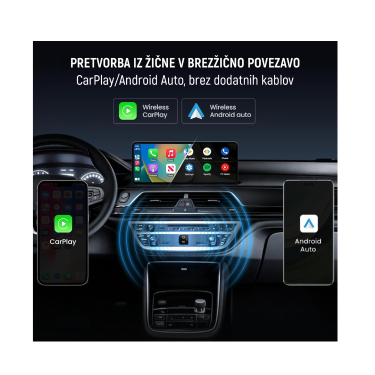 Pretvorba v brezžično povezavo CarPlay/Android Auto brez kablov; univerzalni USB‑C avto adapter.