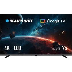 Blaupunkt 75'' 4K LED Google TV, sprednji pogled z oznakami 4K, LED, Google TV in modelom UGC5500.