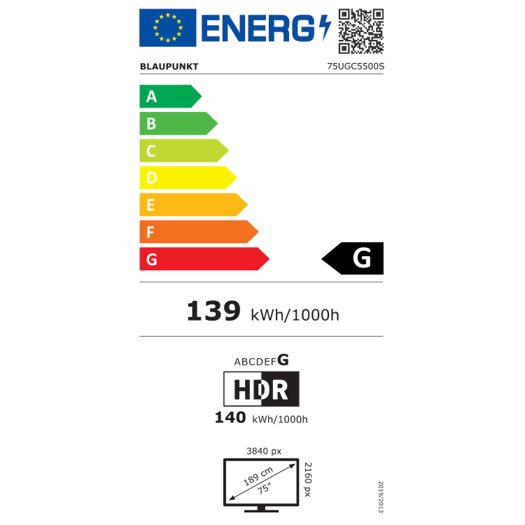 Blaupunkt energijska nalepka za TV 75UGC5500S, razred G, poraba 139 kWh/1000 h, HDR 140 kWh.
