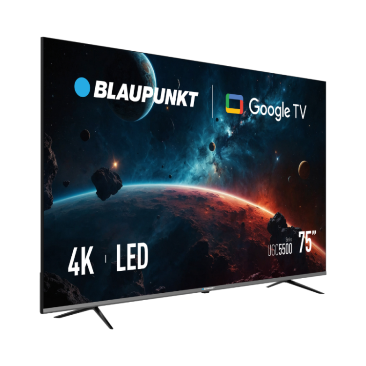 Blaupunkt 75'' 4K LED Google TV, poševni pogled z vesoljsko grafiko, tanek okvir in kovinski nogici.