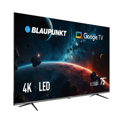 Blaupunkt 75'' 4K LED Google TV, poševni pogled z vesoljsko grafiko, tanek okvir in kovinski nogici.