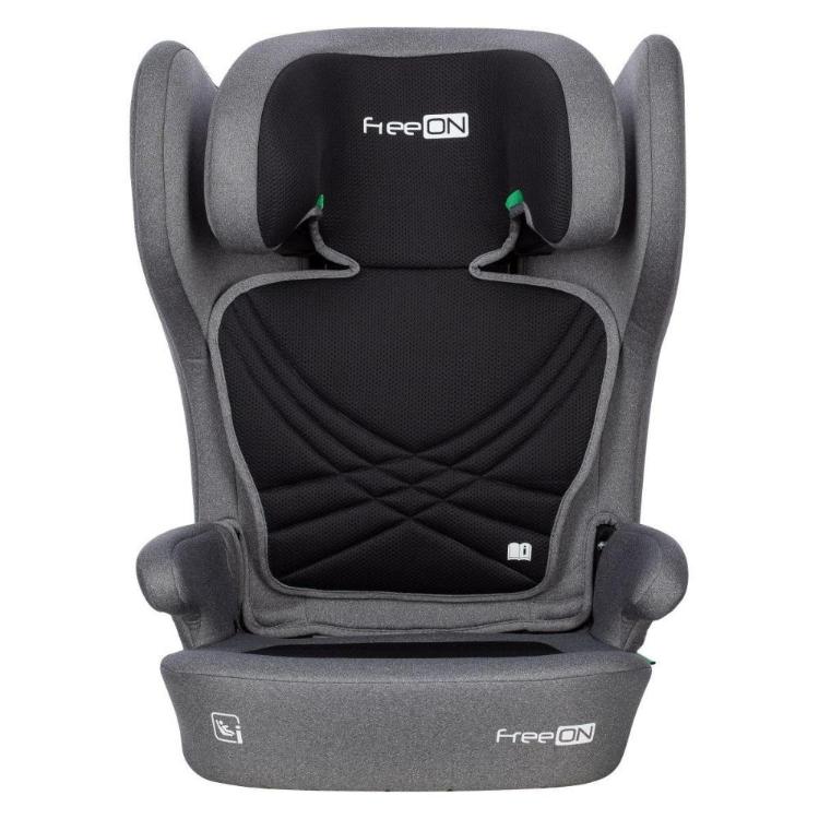 FreeON avtosedež i‑Size 100–150 cm v sivi barvi, sprednji pogled z oblazinjenim sedežem, zaščito za glavo in ISOFIX oznako.