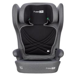 FreeON avtosedež i‑Size 100–150 cm v sivi barvi, sprednji pogled z oblazinjenim sedežem, zaščito za glavo in ISOFIX oznako.