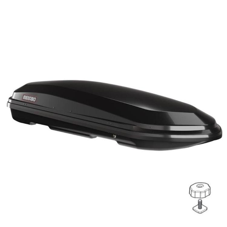 Strešni kovček Menabo v črni barvi z aerodinamično obliko, stranski pogled.