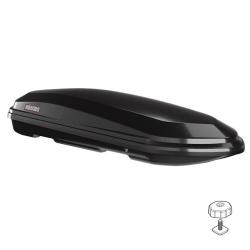 Strešni kovček Menabo v črni barvi z aerodinamično obliko, stranski pogled.