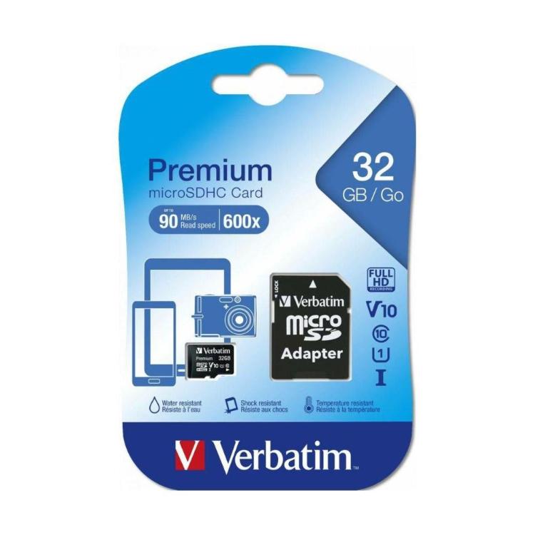 Verbatim Premium microSDHC 32GB kartica z adapterjem, razred 10, hitrost do 90 MB/s, odporna na vodo, udarce in temperaturo