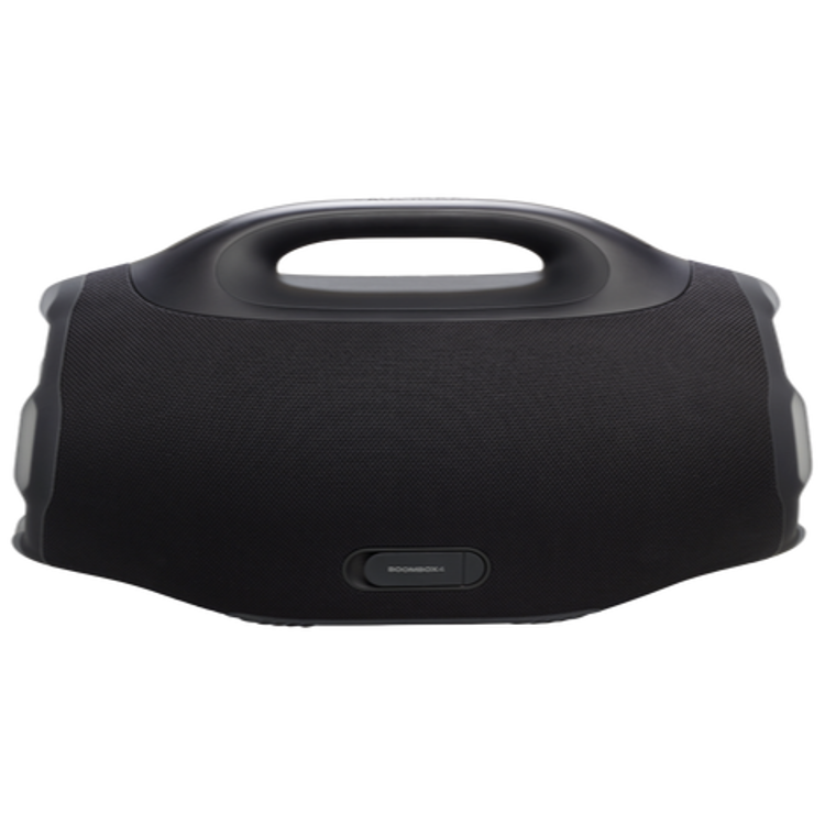 Prenosni zvočnik JBL črne barve z mrežasto sprednjo stranjo in vgrajenim ročajem na vrhu