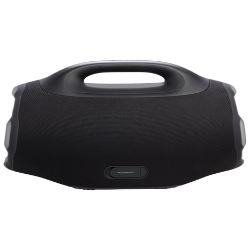 Prenosni zvočnik JBL črne barve z mrežasto sprednjo stranjo in vgrajenim ročajem na vrhu