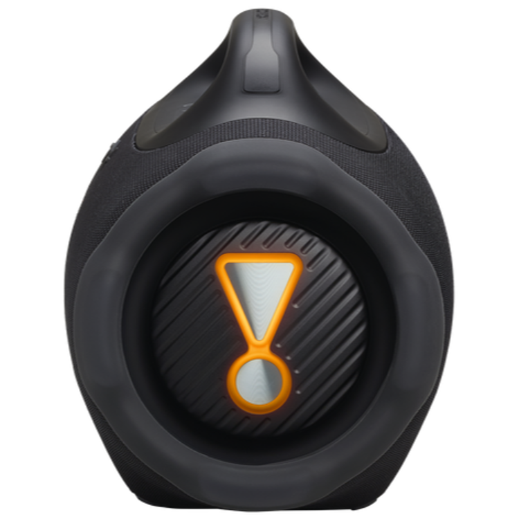 Stranski pogled na zvočnik JBL z okroglim pasivnim zvočnikom in poudarjenim oranžnim simbolom