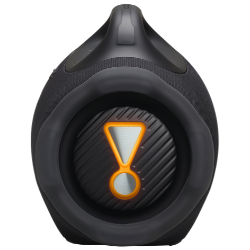 Stranski pogled na zvočnik JBL z okroglim pasivnim zvočnikom in poudarjenim oranžnim simbolom