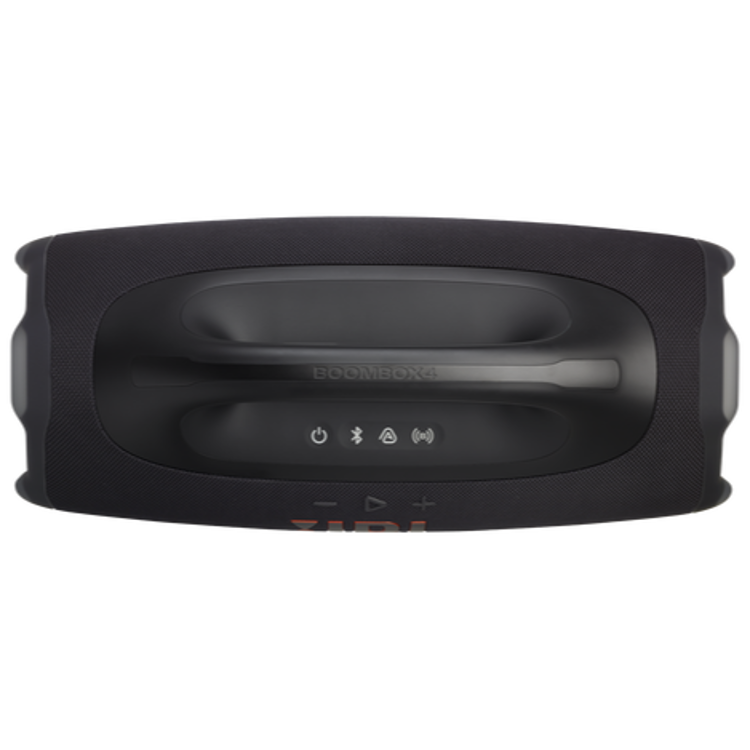 Zgornji pogled na zvočnik JBL z ročajem in gumbi za vklop ter povezovanje