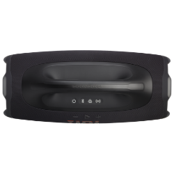 Zgornji pogled na zvočnik JBL z ročajem in gumbi za vklop ter povezovanje