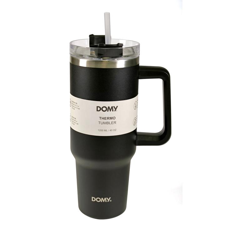 Črn termo lonček DOMY 1200 ml z ročajem, slamico in pokrovom, vakuumska izolacija, eleganten minimalističen dizajn