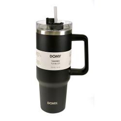 Črn termo lonček DOMY 1200 ml z ročajem, slamico in pokrovom, vakuumska izolacija, eleganten minimalističen dizajn