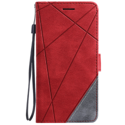 Rdeča preklopna torbica za Samsung Galaxy A27 5G z geometrijskim vzorcem, magnetnim zapiranjem in snemljivo zapestno vrvico nudi celovito zaščito ter eleganten videz.